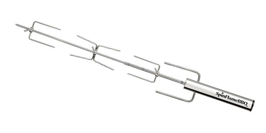SpinFlameBBQ Twin Claw fitted on a rotisserie rod with short claws