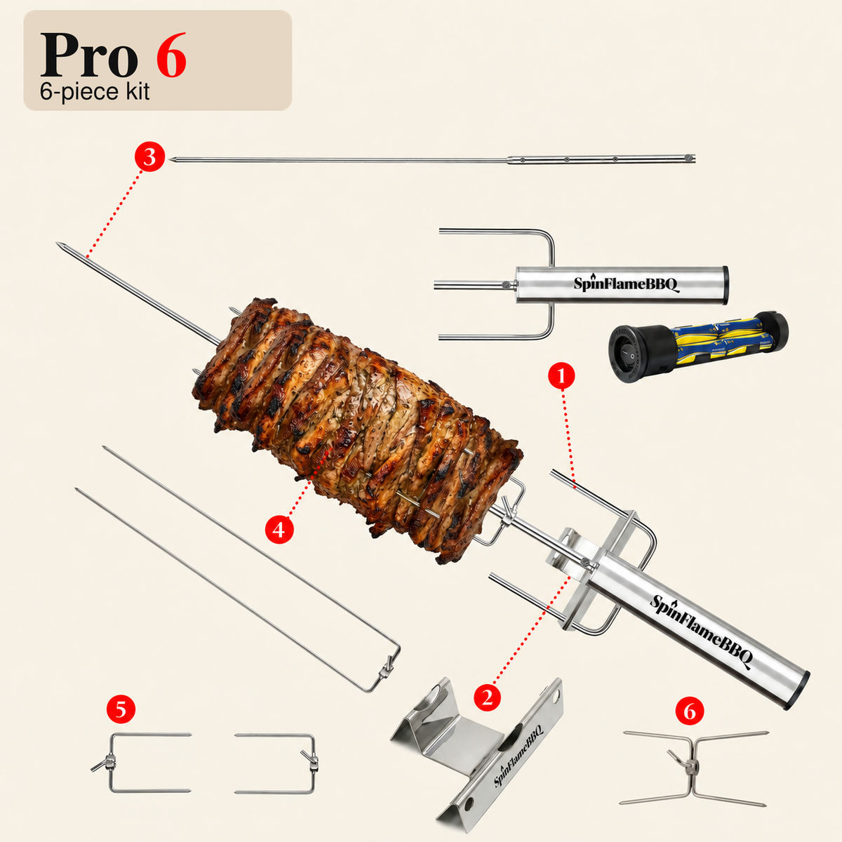 SpinFlameBBQ Pro 6 - Portable Brazilian Rotisserie System